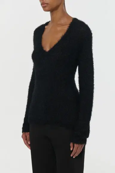 Gabriela Hearst Neoma Knit V-Neck Sweater in Black Silk Cashmere | Thumbnail 3