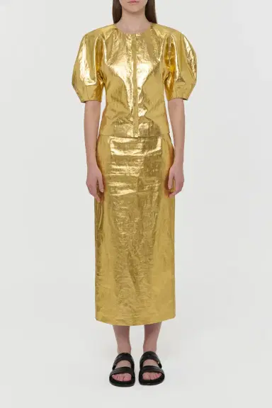 Gabriela Hearst Manuela Midi Skirt in Metallic Gold Linen Twill | Thumbnail 2 Gabriela Hearst Manuela Midi Skirt in Metallic Gold Linen Twill | Thumbnail 2