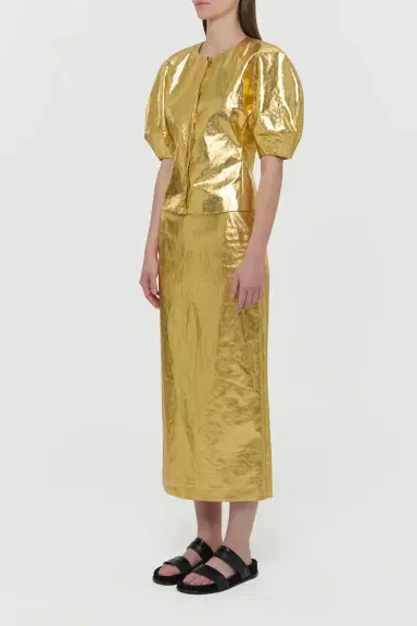Gabriela Hearst Manuela Midi Skirt in Metallic Gold Linen Twill | Thumbnail 3 Gabriela Hearst Manuela Midi Skirt in Metallic Gold Linen Twill | Thumbnail 3