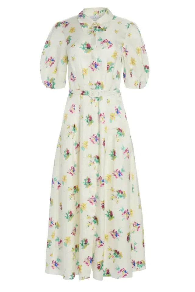 GABRIELA HEARST Maude Pleated Mia's Flowers Midi Shirtdress in  Multi Printed Silk Twill