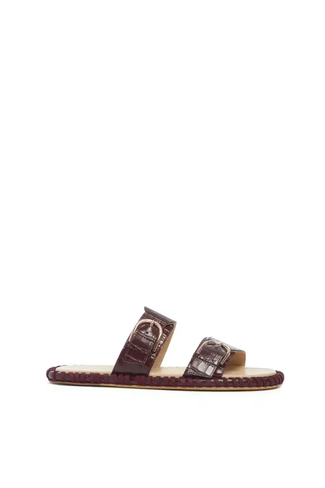 Gabriela Hearst Sage Flat Sandal in Bordeaux Crocodile Embossed Leather