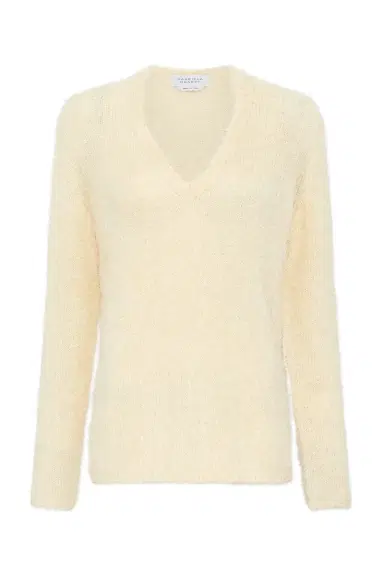 Gabriela Hearst Neoma Knit V-Neck Sweater in Off White Silk Cashmere | Thumbnail 1 Gabriela Hearst Neoma Knit V-Neck Sweater in Off White Silk Cashmere | Thumbnail 1