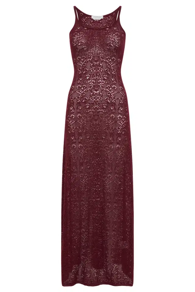 Gabriela Hearst Meridian Lace Knit Maxi Dress in Bordeaux Merino Wool with Lining