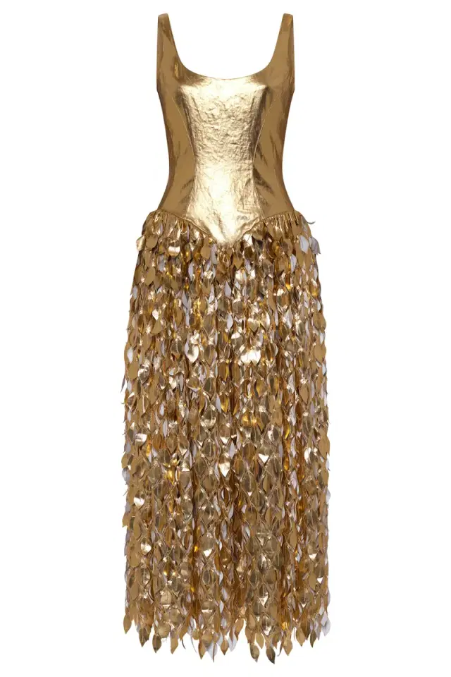 Gabriela Hearst Isai Maxi Dress in Metallic Gold Linen Twill