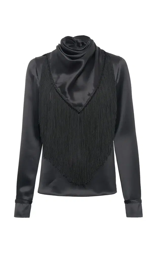 Gabriela Hearst Anderson Fringe Scarf Top in Black Silk Satin