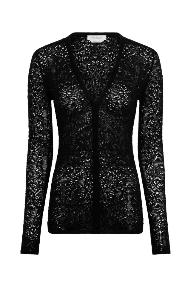 Gabriela Hearst Ultraris Lace Knit Cardigan in Black Merino Wool