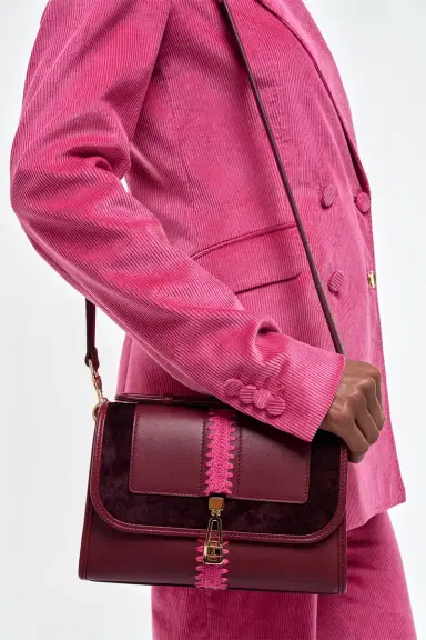 Gabriela Hearst Small Leonora Flap Embroidered Bag in Bordeaux & Fuchsia Nappa Leather | Thumbnail 2