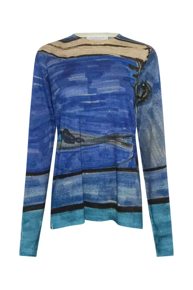 Gabriela Hearst Isaro Long Sleeve T-shirt in Water Multi Printed Cashmere Jersey
