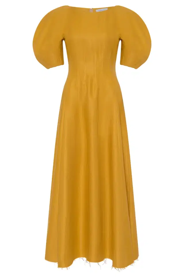 Gabriela Hearst Ranya Puff Sleeve Maxi Dress in Golden Birch Linen Twill