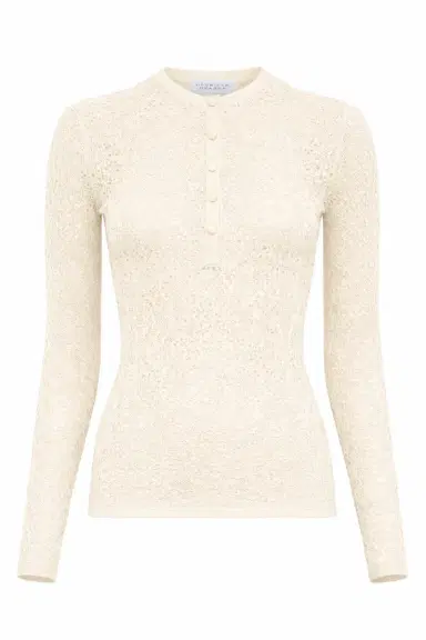 Gabriela Hearst Gaviran Lace Knit Henley in Off White Merino Wool | Thumbnail 1 Gabriela Hearst Gaviran Lace Knit Henley in Off White Merino Wool | Thumbnail 1