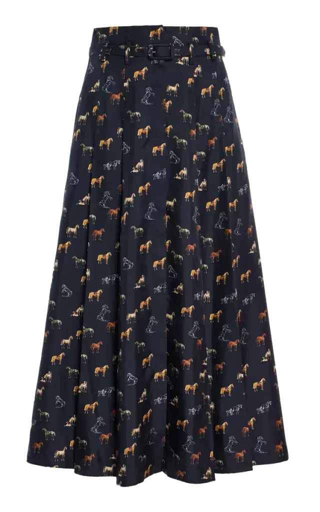 GABRIELA HEARST Dugald Pleated Midi Skirt in Dark Navy Multi Printed Silk Twill