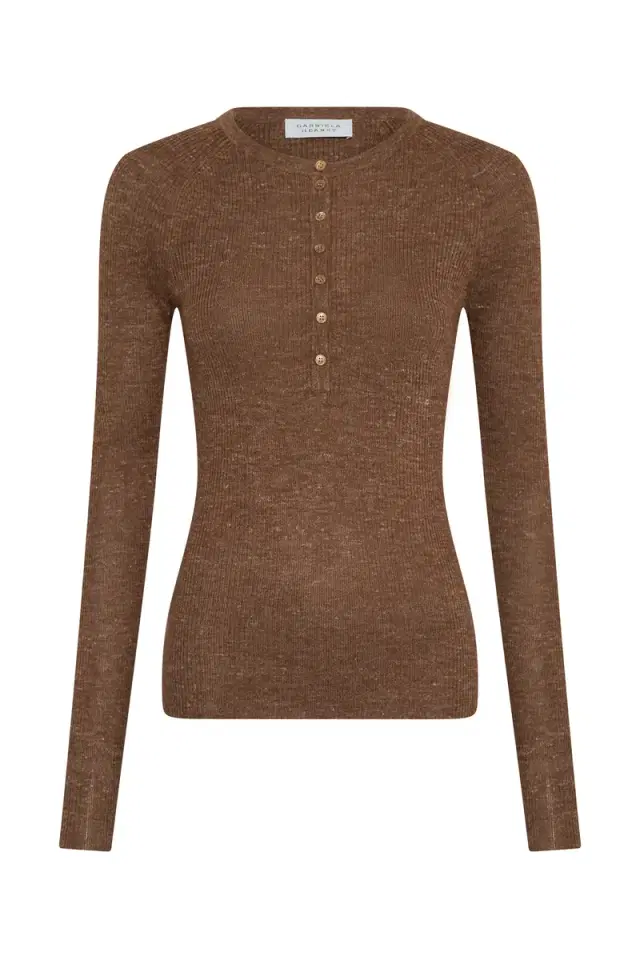 Gabriela Hearst Anges Knit Henley in Chestnut Cashmere Silk with Hemp
