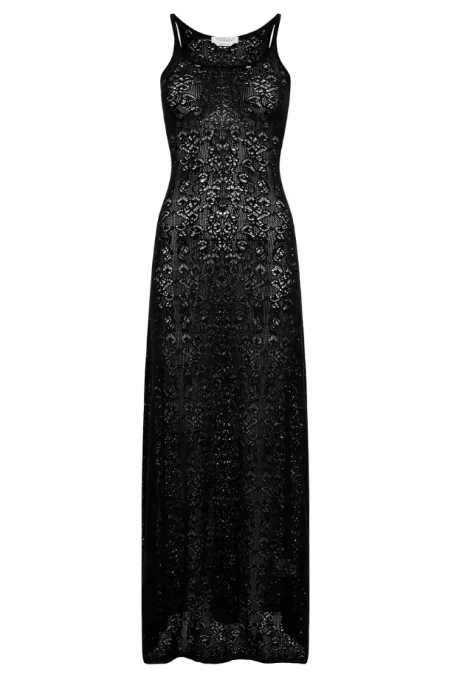 Gabriela Hearst Meridian Lace Knit Maxi Dress in Black Merino Wool with Lining