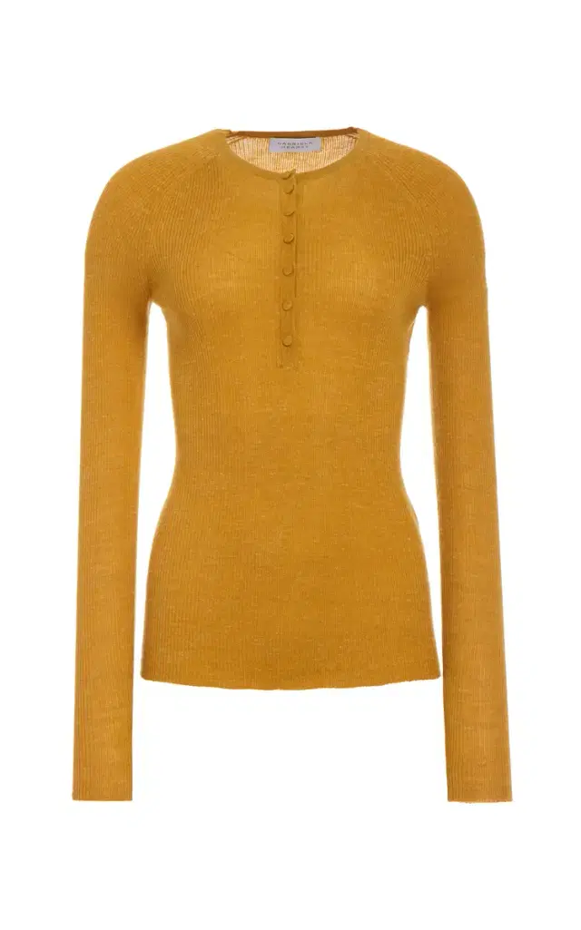 GABRIELA HEARST Anges Knit Henley in Golden Birch Cashmere Silk with Hemp