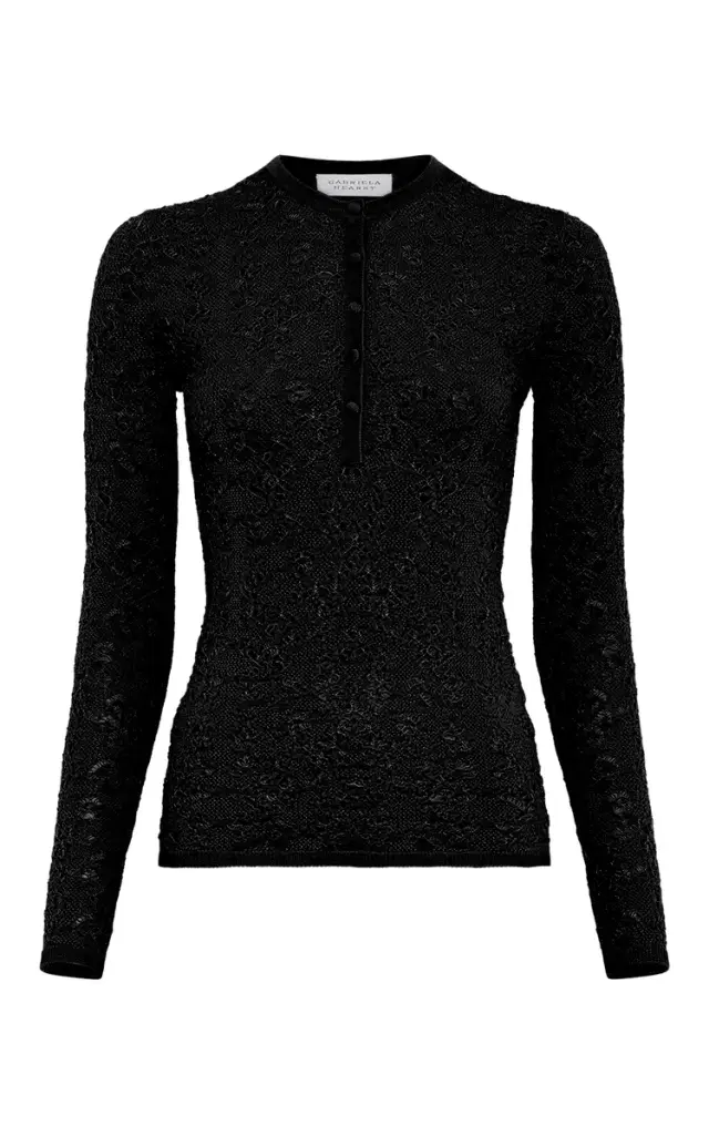 Gabriela Hearst Gaviran Lace Knit Henley in Black Merino Wool