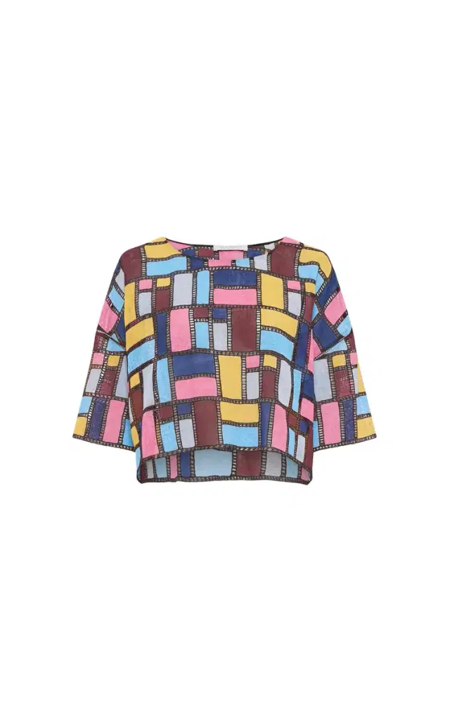 Gabriela Hearst Tatia Patchwork Embroidered Cropped Top in Aurora Multi Linen