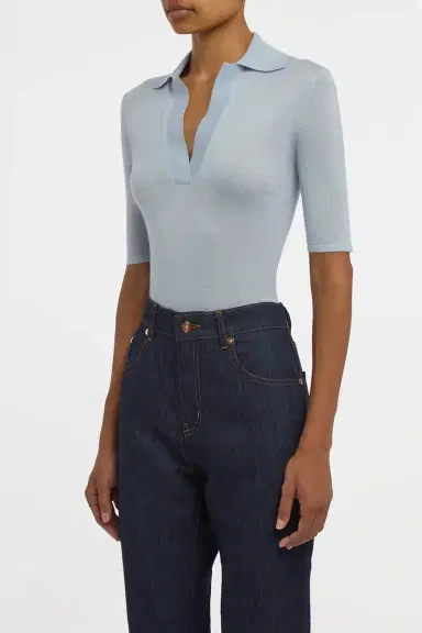 Gabriela Hearst Caius Knit Short Sleeve Polo in Halogen Blue Cashmere Silk | Thumbnail 3 Gabriela Hearst Caius Knit Short Sleeve Polo in Halogen Blue Cashmere Silk | Thumbnail 3