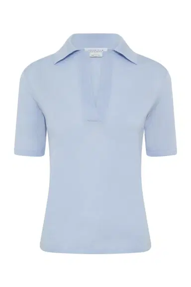 Gabriela Hearst Caius Knit Short Sleeve Polo in Halogen Blue Cashmere Silk | Thumbnail 1 Gabriela Hearst Caius Knit Short Sleeve Polo in Halogen Blue Cashmere Silk | Thumbnail 1