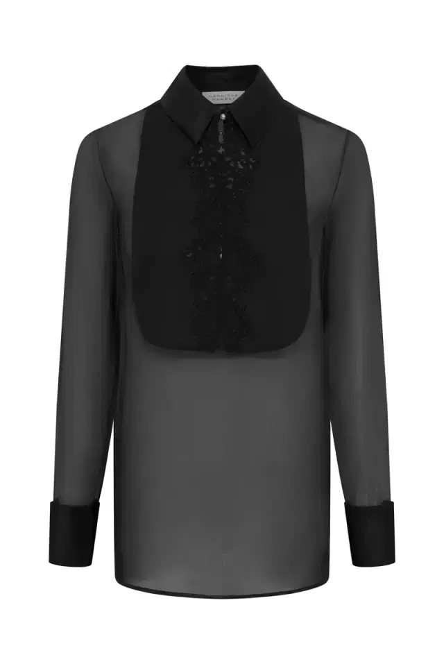 Gabriela Hearst Oriana Lace Blouse in Black Silk Organza