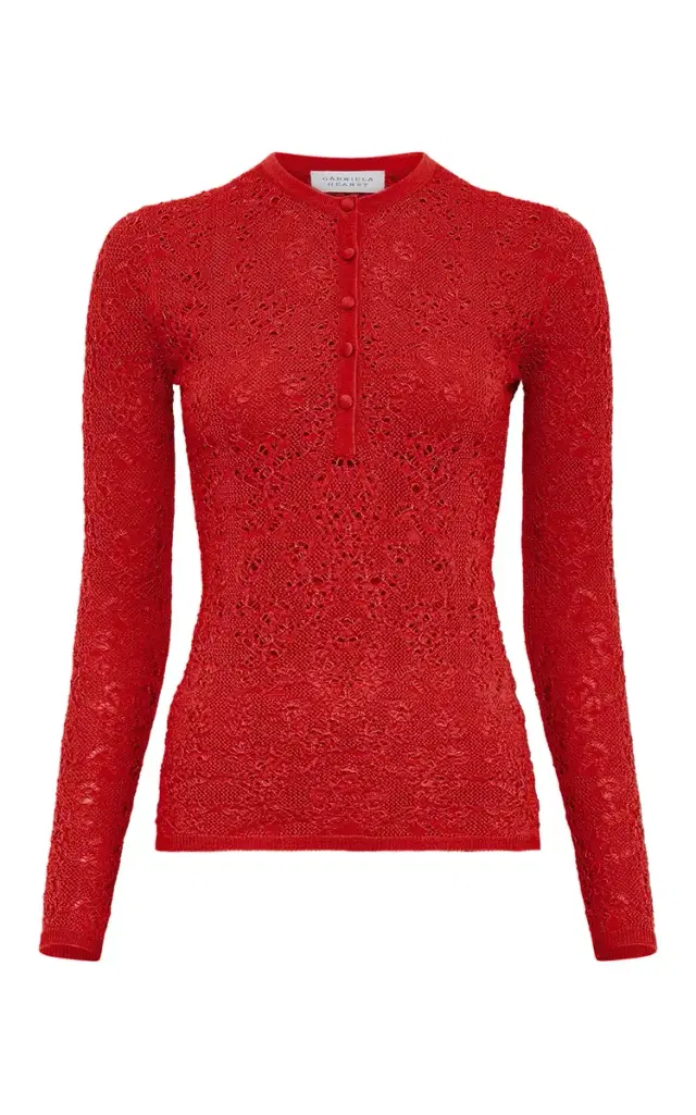 Gabriela Hearst Gaviran Lace Knit Henley in Tonic Orange Merino Wool