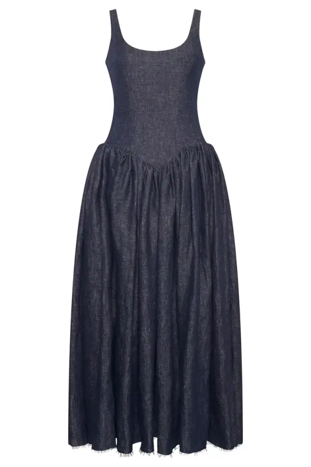 Gabriela Hearst Isai Maxi Dress in Stone Washed Linen Denim