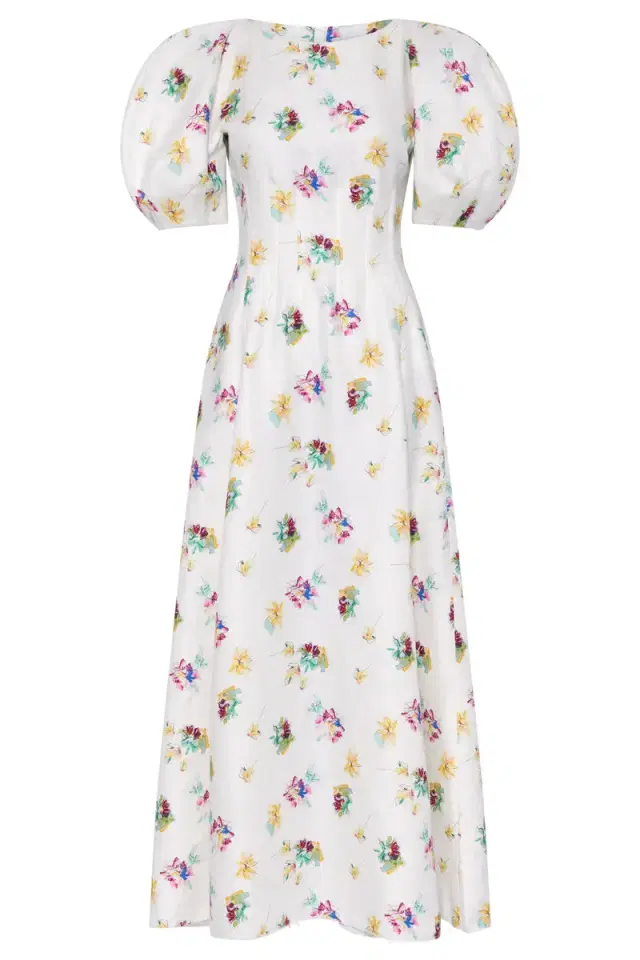 Gabriela Hearst Ranya Puff Sleeve Mia's Flowers Maxi Dress in  Multi Printed Linen Twill
