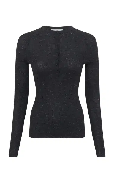 Gabriela Hearst Anges Knit Henley in Black Cashmere Silk with Hemp | Thumbnail 1 Gabriela Hearst Anges Knit Henley in Black Cashmere Silk with Hemp | Thumbnail 1