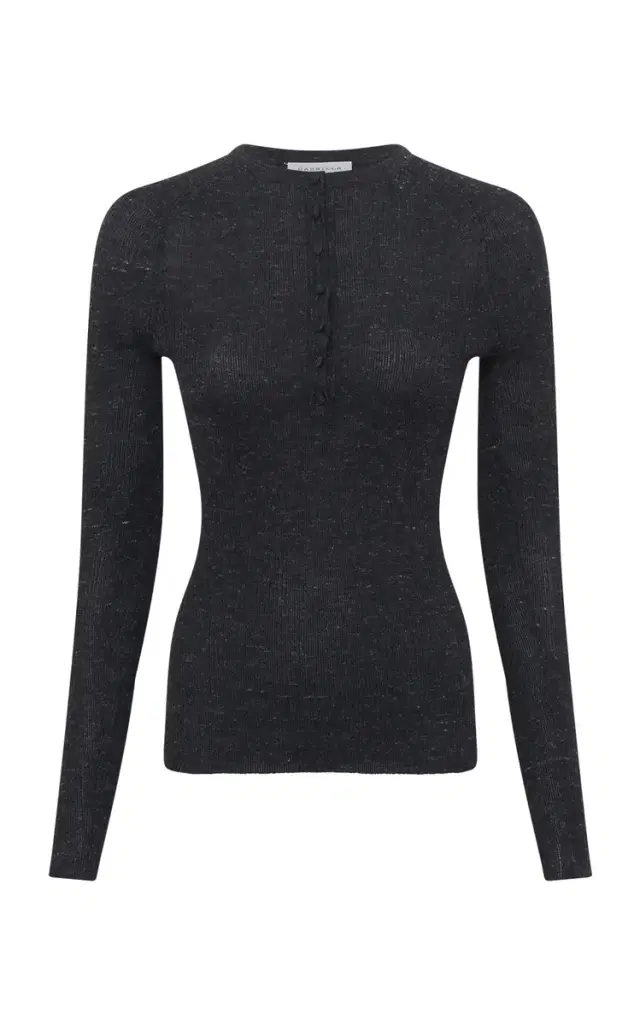 Gabriela Hearst Anges Knit Henley in Black Cashmere Silk with Hemp