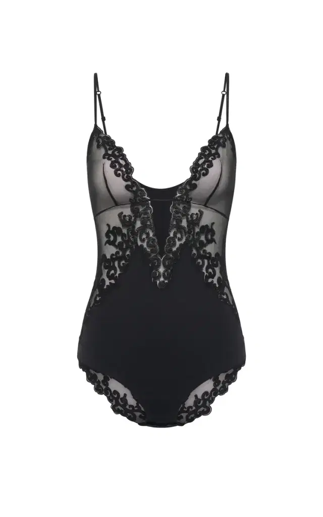 Gabriela Hearst Wynona Bodysuit in Black Recycled Nylon Lace