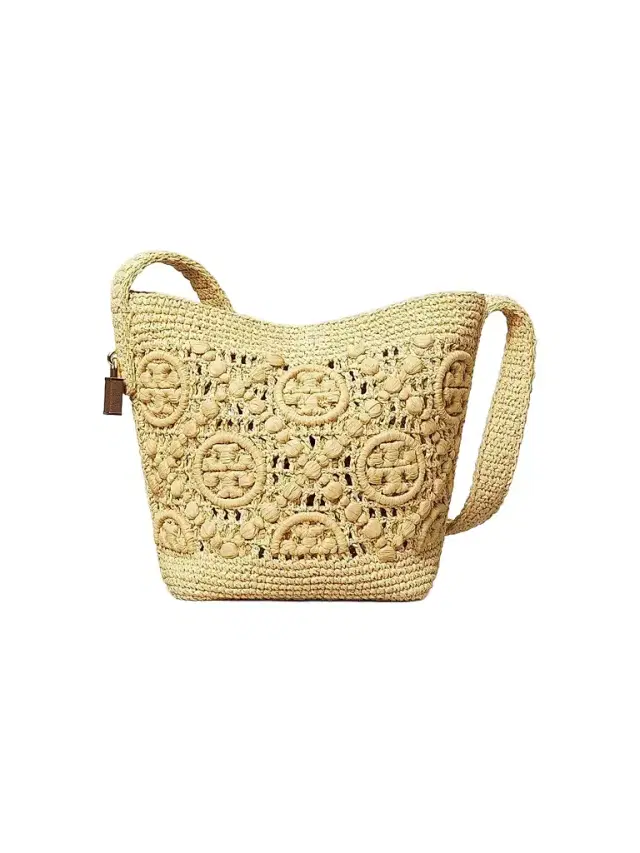 Tory Burch Women's Lock  Monogram Crochet Bucket Bag - Natural