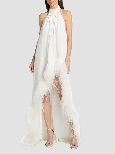 Bronx and Banco Women's Madeline Feather-Trim Halterneck Gown - White | Thumbnail 3