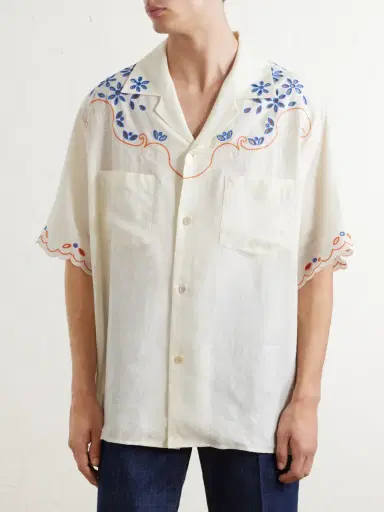 Valentino Garavani Camp-Collar Embroidered Linen Shirt - Men | Thumbnail 3