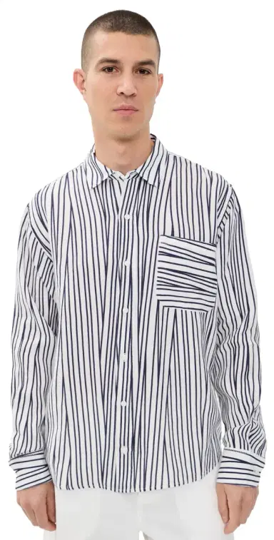Orlebar Brown Grasmoor Linen Crossover Stripe Shirt White and/Night Iris | Thumbnail 1 Orlebar Brown Grasmoor Linen Crossover Stripe Shirt White and/Night Iris | Thumbnail 1