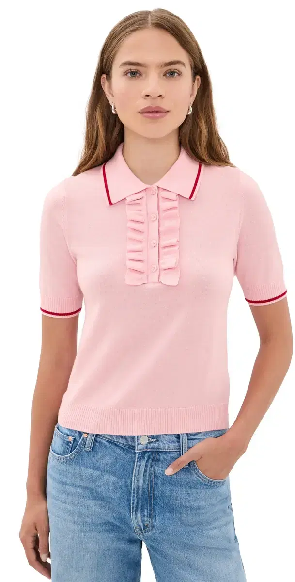 MOTHER The Ruffle Raquette Polo Jer Pink And Red