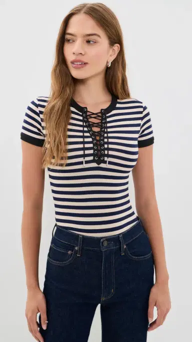 Fleur du Mal Ringer Lace Up Bodysuit Black Sand Stripe S | Thumbnail 2