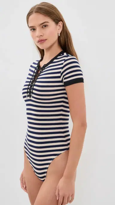 Fleur du Mal Ringer Lace Up Bodysuit Black Sand Stripe S | Thumbnail 4