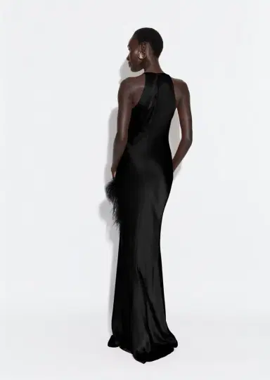 Lapointe Satin Halter Gown With Feathers | Thumbnail 2