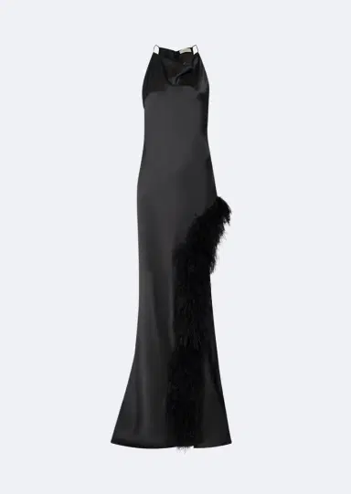 Lapointe Satin Halter Gown With Feathers | Thumbnail 3