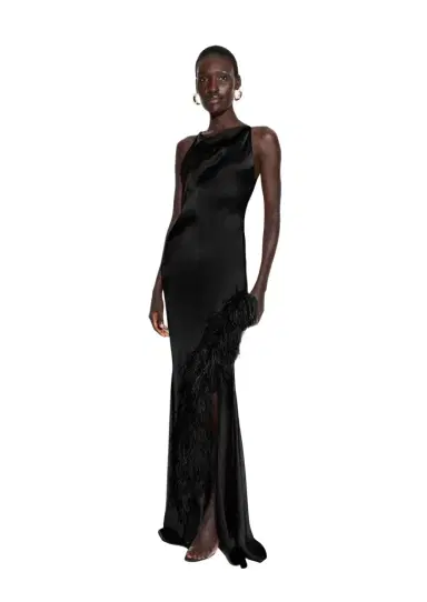 Lapointe Satin Halter Gown With Feathers | Thumbnail 1