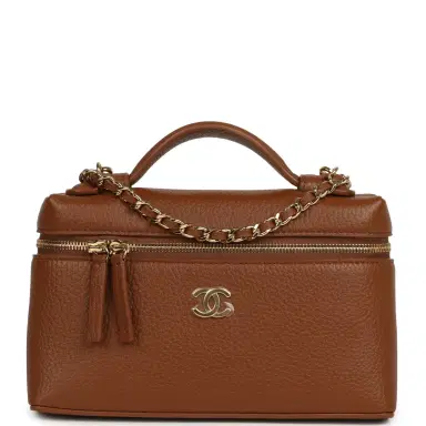Chanel Chanel "Supple" Top Handle Long Vanity Case with Chain Camel Grained Calfskin Gold Hardware | Thumbnail 1 Chanel Chanel "Supple" Top Handle Long Vanity Case with Chain Camel Grained Calfskin Gold Hardware | Thumbnail 1