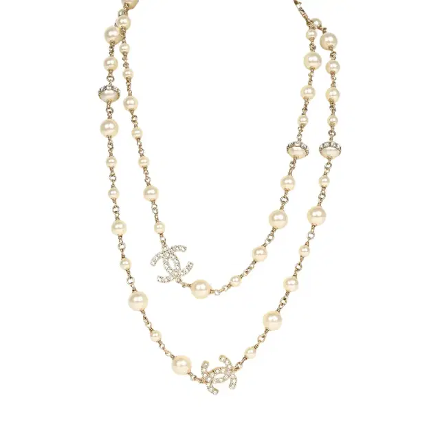 Chanel Long Crystal CC and Pearl Necklace Faux Pearls Gold Tone Hardware
