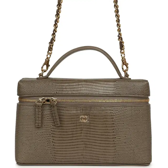 Chanel Chanel Top Handle Long Vanity Case with Chain Dark Khaki Lizard Embossed Calfskin Gold Hardware