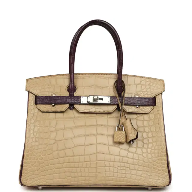 HERMÈS Pre-owned Hermes Special Order (HSS) Birkin 30 Poussiere, Amethyst Matte Alligator Palladium Hardware