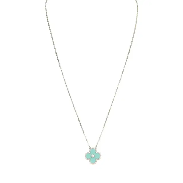 Van Cleef & Arpels Pre-owned Van Cleef & Arpels 2022 Holiday Vintage Alhambra Pendant Necklace Light Green Celadon Sevres Porcelain & Diamonds White Gold