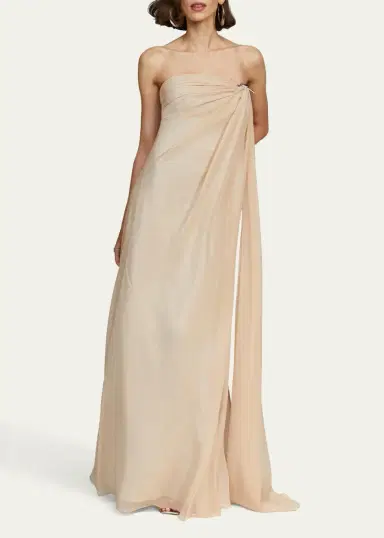 Halston Oyster Draped Strapless Chiffon Gown | Thumbnail 2 Halston Oyster Draped Strapless Chiffon Gown | Thumbnail 2
