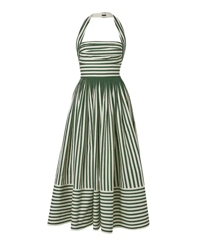 Carolina Herrera Striped Cotton Pleated Halter Midi Dress