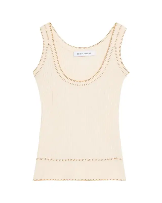 Prabal Gurung Blanket-Stitch Silk-Cashmere Rib Scoop-Neck Tank Top