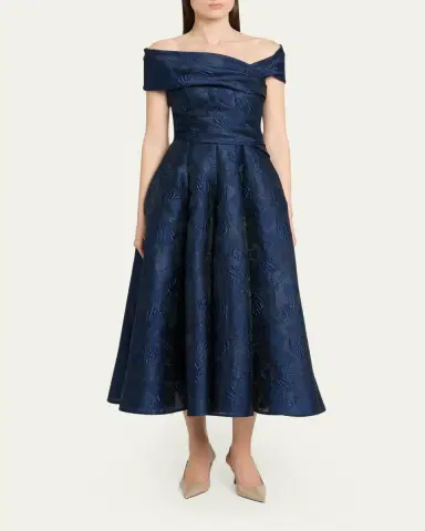Talbot Runhof Off-Shoulder Jacquard Dress with Pockets | Thumbnail 2 Talbot Runhof Off-Shoulder Jacquard Dress with Pockets | Thumbnail 2