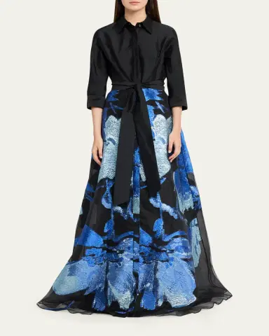 Rickie Freeman for Teri Jon Taffeta and Floral Jacquard Organza Shirt Gown | Thumbnail 2