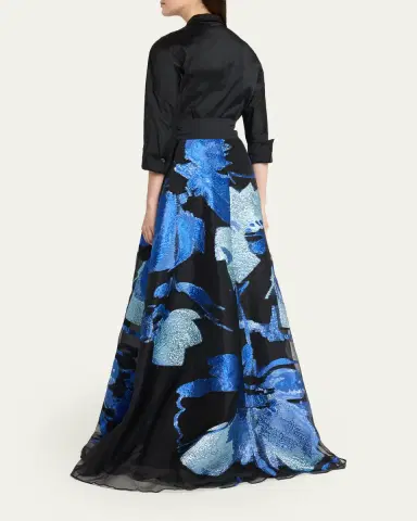 Rickie Freeman for Teri Jon Taffeta and Floral Jacquard Organza Shirt Gown | Thumbnail 3